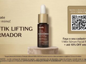 Peça promocional do Boticário apresentando o Sérum Botik Lifting Firmador com Peptídeos Pro Elastinr, oferecendo 1 Mini Sérum Facial Firmador grátis e até 10% de desconto em Botik para associadas ativas do Beautybox mediante cadastro no aplicativo.