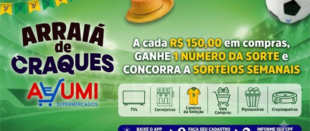 Banner promocional da campanha Arraiá de Craques do Ayumi Supermercados, com prêmios a cada R$150,00 em compras durante o período de junho e julho de 2024.
