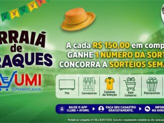 Banner promocional da campanha Arraiá de Craques do Ayumi Supermercados, com prêmios a cada R$150,00 em compras durante o período de junho e julho de 2024.