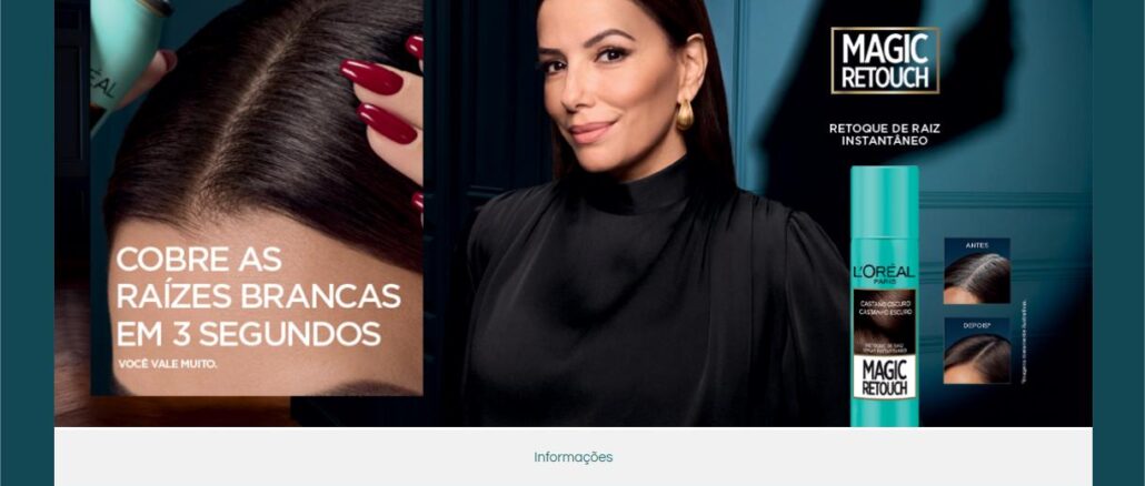 Peça publicitária do Magic Retouch L'Oréal Paris na plataforma The Insiders, com campanha de amostra grátis do spray de retoque de raiz instantâneo, vigente de 10/06/2026 a 31/07/2026.