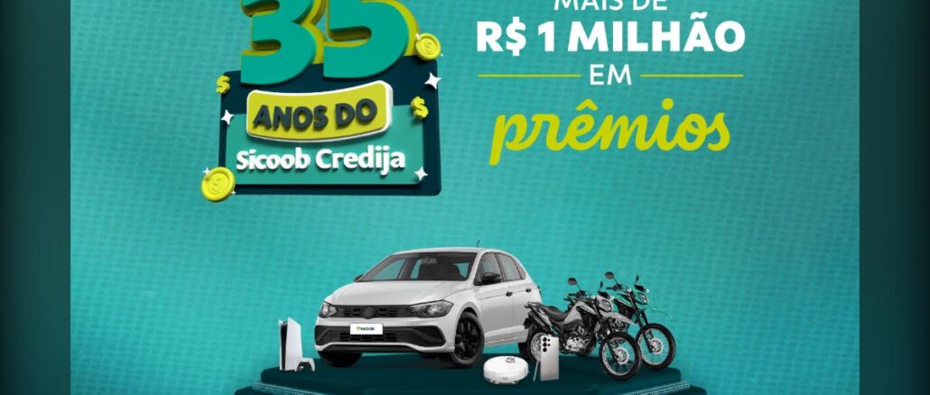 Aniversário 35 anos Sicoob Credija Arte da promoção de aniversário de 35 anos do Sicoob Credija, com mais de R$1 milhão em prêmios, incluindo carro, motos, PS5 e outros itens.