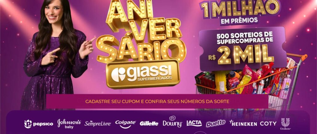 Aniversário Giassi Supermercados 2026 em Santa Catarina Promoção Aniversário Giassi Supermercados 2026: 500 sorteios de supercompras de R$2 mil, totalizando 1 milhão em prêmios. Cadastre seu cupom e confira seus números da sorte.