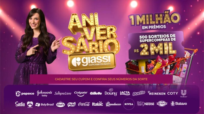 Promoção Aniversário Giassi Supermercados 2026: 500 sorteios de supercompras de R$2 mil, totalizando 1 milhão em prêmios. Cadastre seu cupom e confira seus números da sorte.