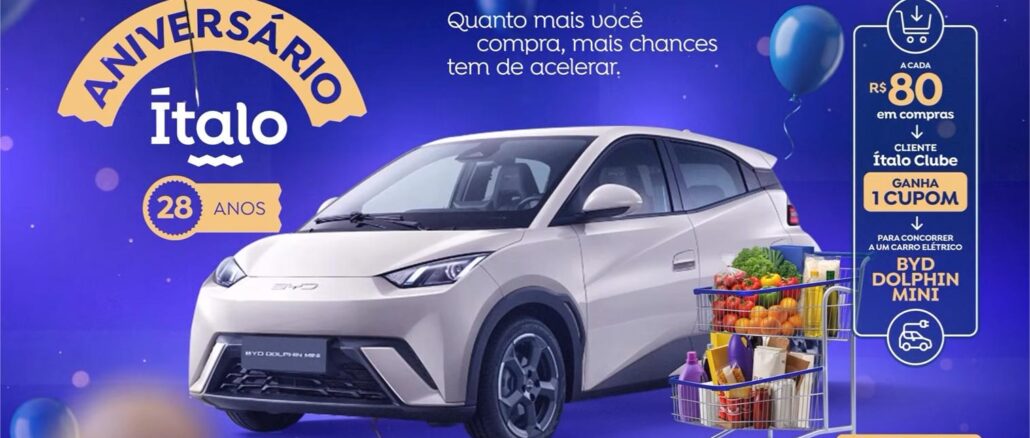 Promoção de aniversário de 28 anos do Ítalo Supermercados: a cada R$80 em compras, clientes do Ítalo Clube recebem um cupom para concorrer a um carro elétrico BYD Dolphin Mini.