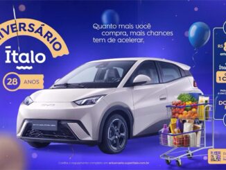 Promoção de aniversário de 28 anos do Ítalo Supermercados: a cada R$80 em compras, clientes do Ítalo Clube recebem um cupom para concorrer a um carro elétrico BYD Dolphin Mini.