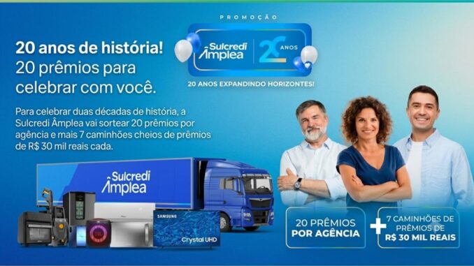 Promoção Aniversário Sulcredi Âmplea 20 Anos — sorteio de 20 prêmios por agência e 7 caminhões cheios de prêmios de R$30 mil reais cada