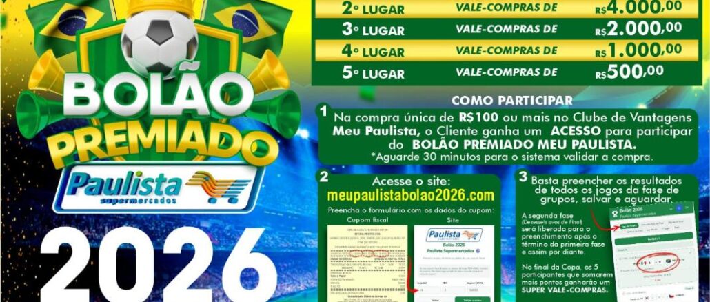 Bolão Premiado Paulista Supermercados 2026: promoção temática da Copa do Mundo com prêmios em vale-compras de até R$8.000,00 para os cinco melhores colocados no bolão de apostas esportivas.