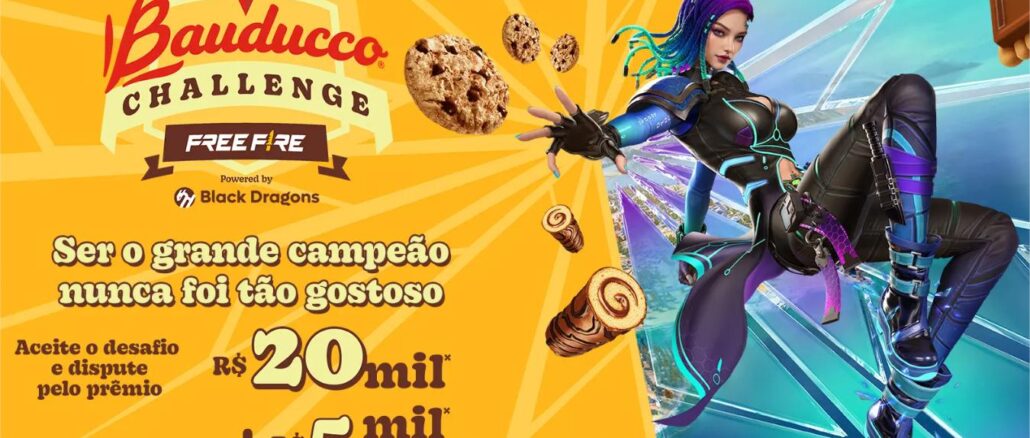 Banner do Bauducco Challenge Free Fire 2026, com personagem feminina do jogo, cookies e prêmios de R$20mil e R$5mil em produtos.