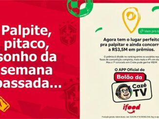 Peça publicitária dividida em duas partes. À esquerda, fundo vermelho com elementos relacionados ao futebol e a frase “Palpite, pitaco, sonho da semana passada...”. À direita, fundo claro com a mensagem sobre concorrer a R$3,5 milhões em prêmios no aplicativo Bolão da CazéTV, patrocinado pelo iFood.