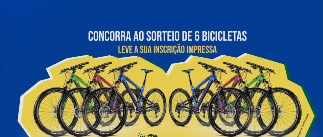 Bora de bike Goiânia 45a Edição Concorra 6 bikes Promoção Bora de Bike Goiânia 45ª Edição: seis bicicletas coloridas expostas sobre fundo amarelo e azul com a frase "Concorra ao sorteio de 6 bicicletas".