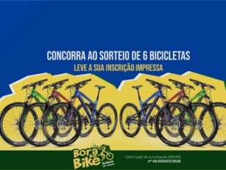 Promoção Bora de Bike Goiânia 45ª Edição: seis bicicletas coloridas expostas sobre fundo amarelo e azul com a frase "Concorra ao sorteio de 6 bicicletas".