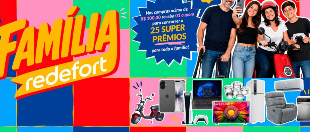 CAMPANHA FAMÍLIA REDEFORT SUPERMERCADOS 2026 NO RIO GRANDE DO SUL Banner publicitário da promoção Família Redefort mostrando uma família sorridente cercada por diversos prêmios em um fundo quadriculado colorido.