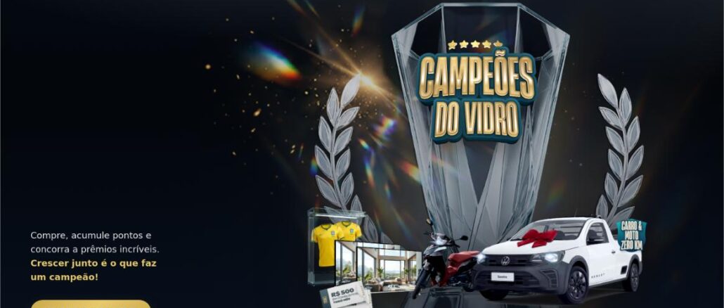 Banner da promoção Campeões do Vidro em Alagoas, com troféu de cristal, carro, moto, camisa da seleção brasileira e voucher de R$500,00.