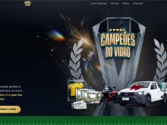 Banner da promoção Campeões do Vidro em Alagoas, com troféu de cristal, carro, moto, camisa da seleção brasileira e voucher de R$500,00.