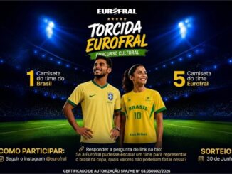 Propaganda do concurso cultural Torcida Eurofral apresentando um homem e uma mulher com camisas da seleção brasileira em um estádio de futebol iluminado.