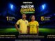 Propaganda do concurso cultural Torcida Eurofral apresentando um homem e uma mulher com camisas da seleção brasileira em um estádio de futebol iluminado.