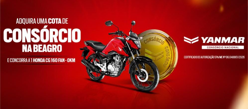 Promoção Consórcio Premiado Be Agro em parceria com a Yanmar Consórcio Nacional: adquira uma cota de consórcio e concorra a uma Honda CG 160 Fan 0km. Certificado de autorização SPA/ME nº 06.048801/2026.