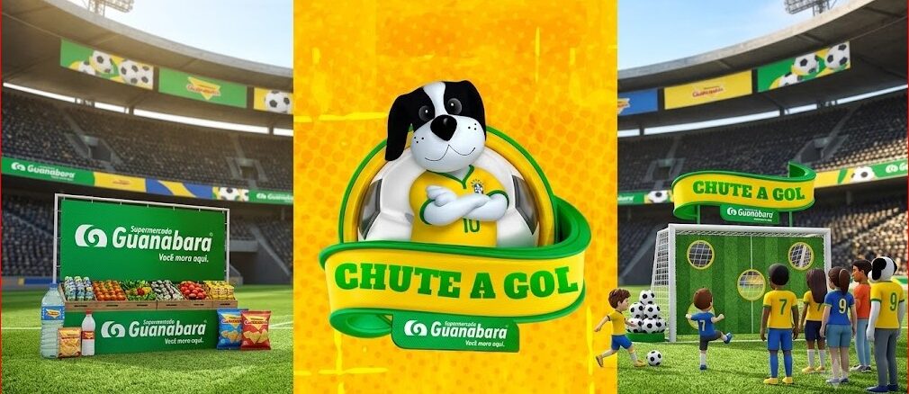 Chute a Gol Guanabara Supermercados no RS Promoção Chute a Gol do Supermercado Guanabara, com mascote canino vestindo camisa da seleção brasileira, em cenário de estádio de futebol.