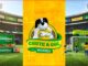 Promoção Chute a Gol do Supermercado Guanabara, com mascote canino vestindo camisa da seleção brasileira, em cenário de estádio de futebol.