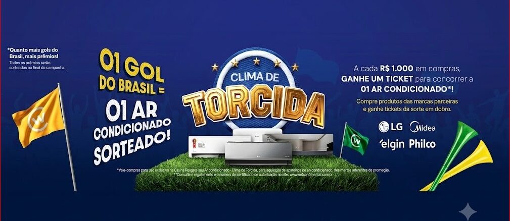 Clima de Torcida Webcontinental Banner da promoção Clima de Torcida da Webcontinental: a cada R$1.000 em compras, o participante concorre a ares-condicionados das marcas LG, Midea, Elgin e Philco.