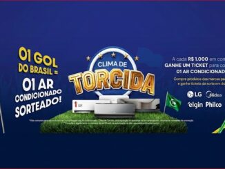 Banner da promoção Clima de Torcida da Webcontinental: a cada R$1.000 em compras, o participante concorre a ares-condicionados das marcas LG, Midea, Elgin e Philco.