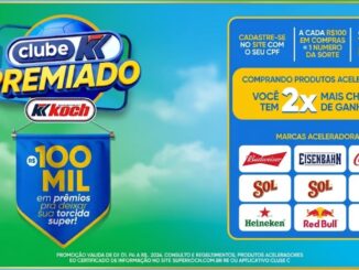 Banner promocional do Clube K Premiado da rede Koch com céu azul e gramado verde ao fundo. O anúncio destaca prêmios de R$100MIL e logotipos de marcas aceleradoras como Coca-Cola e Heineken.