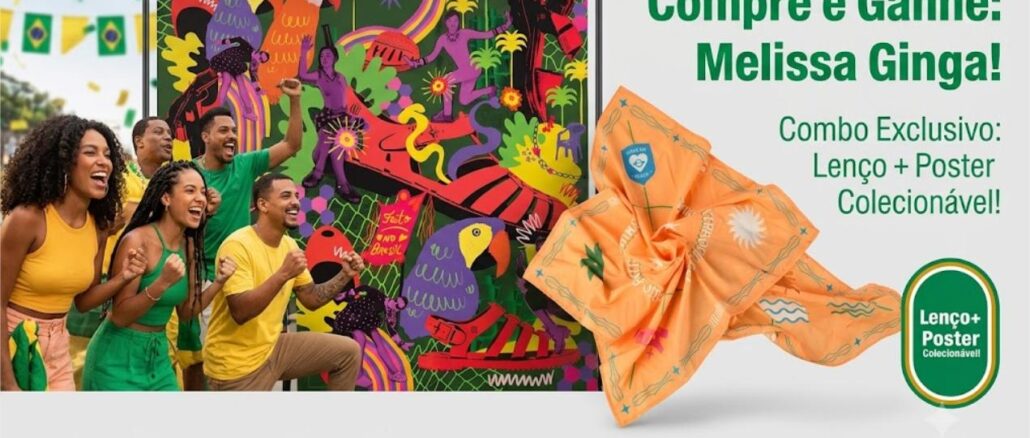 Compre e Ganhe Melissa Ginga 2026 Promoção Compre e Ganhe Melissa Ginga 2026: combo exclusivo de lenço e poster colecionável nas compras acima de R$399,90.