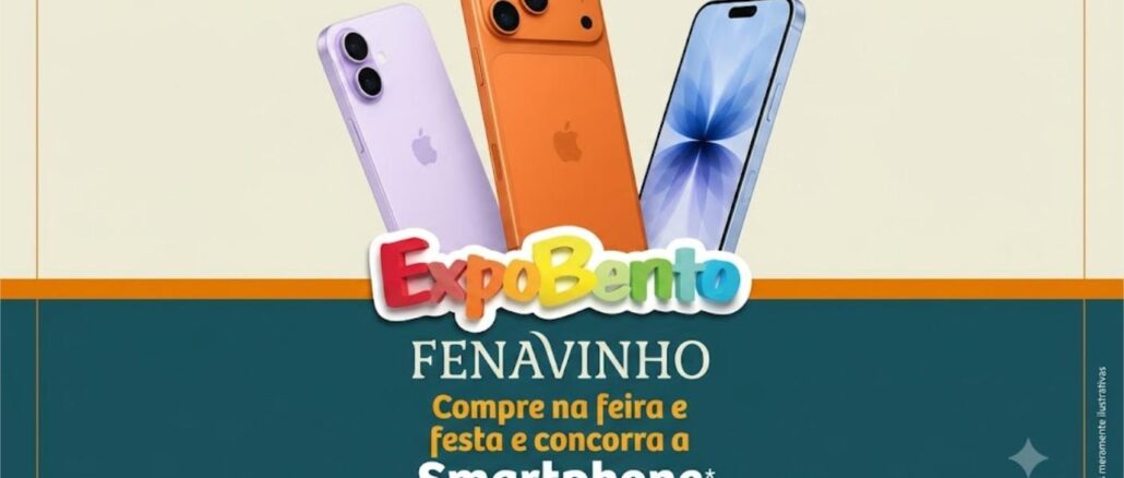 Banner promocional da ExpoBento Fenavinho com três smartphones em destaque nas cores lilás, laranja e azul, acompanhado da chamada “Compre na feira e festa e concorra a Smartphone” sobre fundo em tons de bege e azul-petróleo.