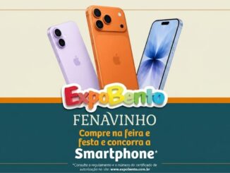 Banner promocional da ExpoBento Fenavinho com três smartphones em destaque nas cores lilás, laranja e azul, acompanhado da chamada “Compre na feira e festa e concorra a Smartphone” sobre fundo em tons de bege e azul-petróleo.