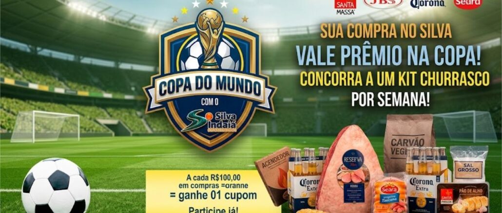 Promoção Copa do Mundo com o Silva Indaiá Supermercados em Caraguatatuba: concorra a um kit churrasco por semana a cada R$100,00 em compras.
