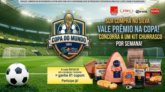Promoção Copa do Mundo com o Silva Indaiá Supermercados em Caraguatatuba: concorra a um kit churrasco por semana a cada R$100,00 em compras.