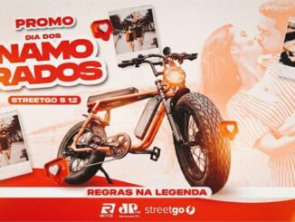 Arte promocional da Promo Dia dos Namorados da Jovem Pan FM Belo Horizonte em parceria com a StreetGo, apresentando uma bike elétrica modelo StreetGo S12 como prêmio.