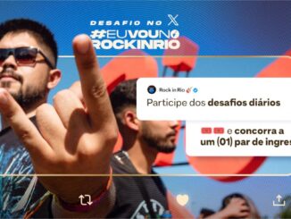 Pôster promocional digital intitulado Desafio #EUVOUnoRockinRio 2026.jpg com fundo azul texturizado, exibindo um homem de óculos escuros em primeiro plano fazendo o gesto da mão com os chifres do rock. Há caixas de texto simulando uma publicação da rede social X que dizem Participe dos desafios diários e concorra a um (01) par de ingressos!.