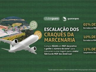Banner promocional da campanha Escalação dos Craques da Marcenaria, do Clube Guara e Guararapes, com descontos em MDF e RUC decorativos e sorteio de viagem à maior fábrica de MDF das Américas.