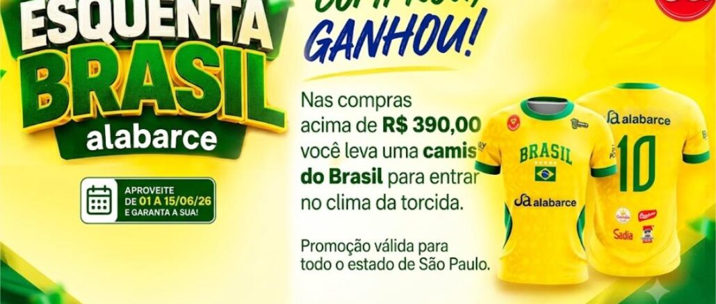 Esquenta Brasil Alabarce Supermercados em São Paulo Peça publicitária da promoção Esquenta Brasil Alabarce Supermercados, com fundo amarelo, letras verdes e duas camisas da seleção brasileira de futebol.