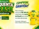 Peça publicitária da promoção Esquenta Brasil Alabarce Supermercados, com fundo amarelo, letras verdes e duas camisas da seleção brasileira de futebol.
