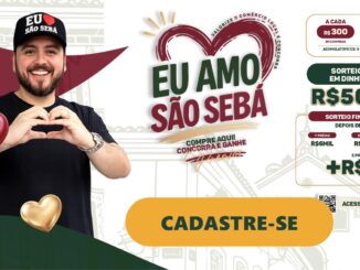 Banner publicitário da campanha Eu Amo São Sebá que incentiva o consumo no comércio local através de sorteios de prêmios em dinheiro para clientes cadastrados.