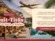 Arte promocional do sorteio Fruit-Titüs com avião sobrevoando piscina de hotel boutique cercada de coqueiros na Bahia, anunciando viagem, hospedagem e experiência em fazenda de cacau, com botão de cadastro de nota fiscal.