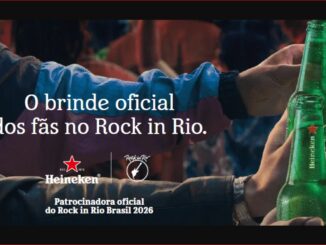 Mãos erguendo garrafas de Heineken em brinde, com a frase "O brinde oficial dos fãs no Rock in Rio" e a identidade visual da patrocinadora oficial do Rock in Rio Brasil 2026.