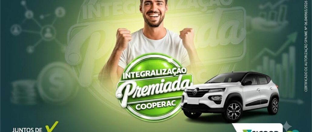 INTEGRALIZAÇÃO PREMIADA SICOOB COOPERAC Peça publicitária da promoção Integralização Premiada Cooperac, do Sicoob Cooperac, com imagem de homem comemorando ao lado de um automóvel branco.