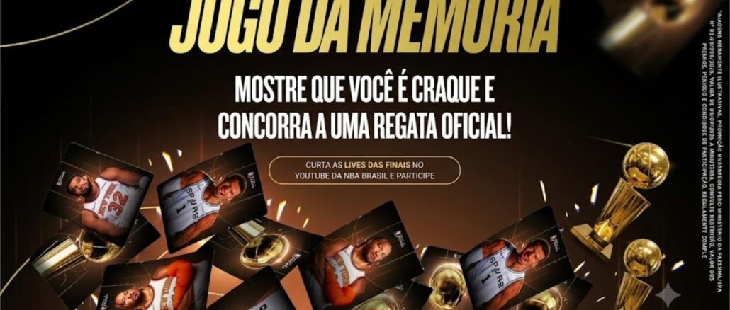 Jogo da Memória NBA Brasil Peça publicitária da promoção Jogo da Memória NBA Brasil, com cartas de jogadores espalhadas sobre fundo escuro e troféus Larry O'Brien ao redor, convidando o participante a curtir as lives das Finais no YouTube da NBA Brasil para concorrer a uma regata oficial.