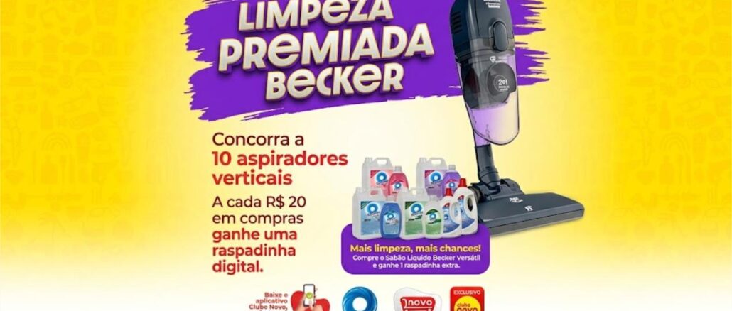 Limpeza Premiada Becker 2026 Promoção Limpeza Premiada Becker 2026: concorra a 10 aspiradores verticais comprando no Novo Atacarejo com o aplicativo Clube Novo.