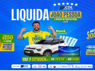 Banner promocional da campanha Liquida João Pessoa e Região Metropolitana 2026, com o jogador de futebol Nenê de braços erguidos vestindo camisa amarela da seleção brasileira personalizada com o logotipo CDL João Pessoa, ao lado de um Citroën C3 branco, duas TVs de 75 polegadas, vales-compra de R$2.000,00 e uma máquina de cartão Cielo, em fundo azul com estrelas e logotipos de apoiadores e patrocinadores.