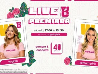 Arte promocional da Live Premiada WePink com Virginia e Samara Pink, no dia 27/06 às 15h30 no Instagram de Virginia, com sorteio de 40 iPhones 17.