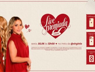 Arte promocional da Live Premiada Wepink com duas mulheres de vestidos vermelhos, anunciando sorteio ao vivo no Instagram de Virginia no dia 05 de junho de 2026 às 12h, com prêmios de iPhones 17 e caixas de som.