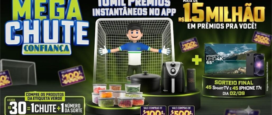 Banner publicitário da promoção Mega Chute Confiança apresentando prêmios diversos, um goleiro animado e regras de participação com base em compras de R$30.