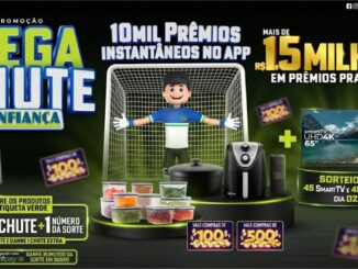 Banner publicitário da promoção Mega Chute Confiança apresentando prêmios diversos, um goleiro animado e regras de participação com base em compras de R$30.