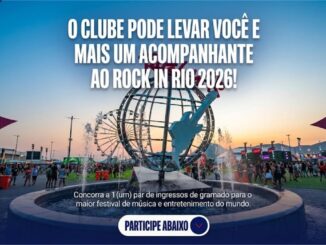 Cartaz publicitário do Clube sobre o sorteio de um par de ingressos para o Rock in Rio 2026, exibindo o globo metálico do festival em destaque na Cidade do Rock.
