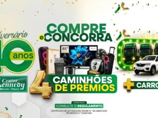 Peça publicitária da promoção Aniversário 40 Anos do Center Kennedy Móveis e Eletro, com chamada "Compre e Concorra", destacando quatro caminhões de prêmios e um carro 0km, certificado SPA/ME n.º 06.048847/2026.