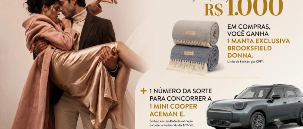 Casal elegante em pose romântica ao lado de informações sobre a Promoção de Namorados 2026 do DiamondMall, com prêmios de manta Brooksfield Donna e um Mini Cooper Aceman E.